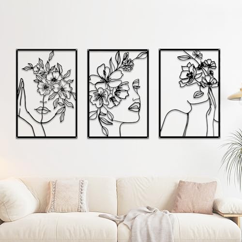 Ysislybin 3 Piezas Decoración Pared de Metal Negro, Minimalista Arte Decoración pared de Metal Femenino Decoración, Cuadros Decoracion Salon Modernos, Minimalista Dibujo de Línea para Salon
