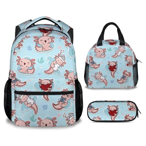 Axolotl School Backpack Set, Cute 3 in 1 Backpacks with Lunch Box for Girls, Blue Elementary School Bag and Pencil Pouch Bundle for Kids