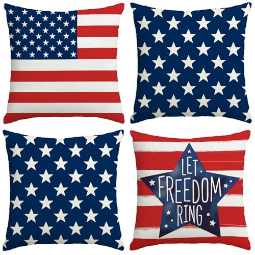 4th of July Pillow Covers 18x18 Inch,Set of 4 Red White Blue Summer Outdoor Throw...