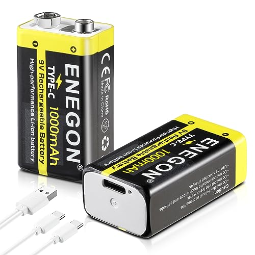 ENEGON 2 x Baterías de Litio Recargables de 9V, 1000mAh con Cable de Carga USB-C 2 en 1, Baterías de Alta Capacidad para Detectores de Humo, Micrófonos, Walkie-talkies y más