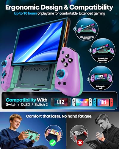 Image of OIVO Switch 1 /2 Controller for Original /OLED /Switch 2 Console, Stretchable Switch Handheld Joypad Ergonomic Grip for NS Pro Controller with RGB Light, TMR Joystick, Turbo, 4 Macro, Purple & Green