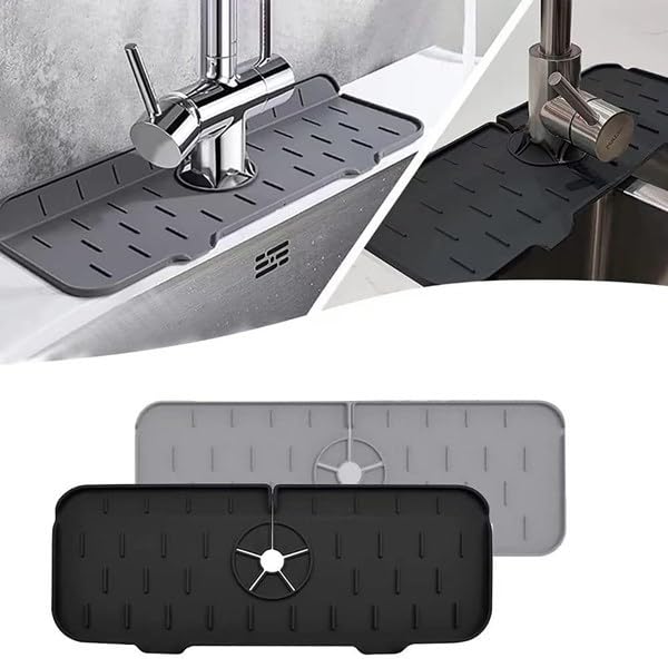 Deconox Silikon Musluk Matı ve Lavabo Sıçrama Önleyici – Mutfak ve Banyo İçin Su Tahliyeli Tezgah Koruyucu, Sünger ve Sabunluk Düzenleyici, Kaymaz Musluk Arkası Kurutma Pedi (ASORTİ)