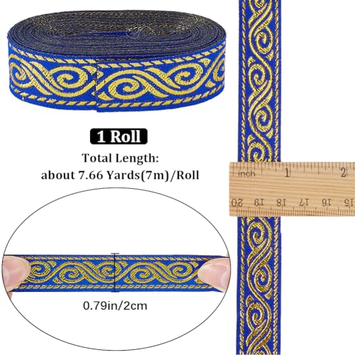 GORGECRAFT 7 Meters Double Side Jacquard Ribbon 2cm Wide Boho Vintage Metally Embroideried Lace Trim Ethnic Woven Edge Fringe Fabric Flat Trim for Sewing Clothing Curtain Gift Wrapping Applique Blue - Image 2