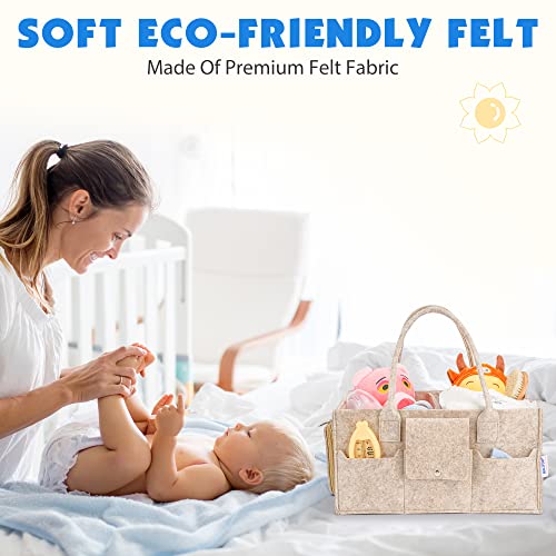 Image of Maliton Felt Diaper Caddy Organizer with Lid - Large, Khaki | 15x9x7 inch Portable Nursery Storage Bin and Car Organizer for Diapers, Wipes. Boy & Girl Shower Gift Basket, Baby Essentials
