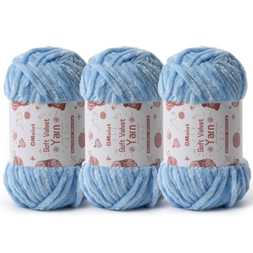 Image of 3x100g Fluffy Velvet Chenille Yarn for Crocheting and Knitting, 3x87.4yd Baby Yarn for Crocheting Soft, Crochet Chunky Yarns Amigurumi Yarns（Azure
