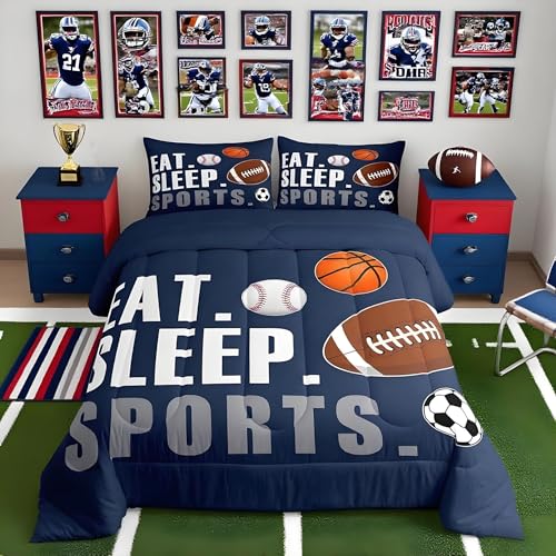 Feelyou Football Comforter Set Twin Size Kids Basketball Baseball Soccer Comforter for Boys Girls Sports Theme Bedding Set Breathable Soft Navy Blue Duvet Quilted Ball Game Room Decor