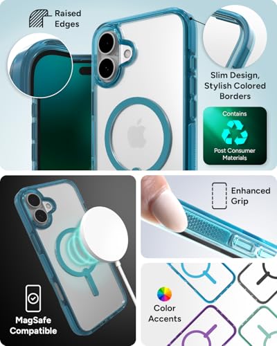 Image of ZAGG Santa Cruz Snap iPhone 16 Plus Case - MagSafe Compatible, 13ft Military-Grade Drop Protection, Graphene Reinforced, Anti-Scratch, Slim, 70% Recycled Content, Clear with Retro Blue Accents