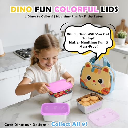 Image of Tanjiae 3-Pack Stainless Steel Snack Containers for Kids & Toddlers - 550ml (18oz) Leakproof Colorful Lids with Cute Dinosaurs | LFGB Certified, Stackable Metal Lunch Box for Daycare, School, Travel