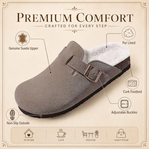 Image of KIDMI Women's Fur Lined Genuine Suede Clogs Fuzzy Cork Footbed Potato Shoes | Adjustable Metal Buckle, Non-slip Rubber Soles, Cushioning, Cozy and Warm, Supportive, Indoor, Outdoor, Winter, Casual