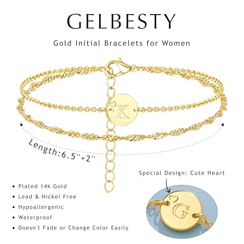 Gold Initial Heart Bracelets for Girl Women Trendy, Layered Dainty Initial Gifts Personalized Disc Letter Charm A-Z Bracelets for Teen Girl Women Jewelry Gifts 5