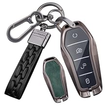 SANRILY Keyless 4 Button Leather Smart Key Fob Cover for BYD Han Ev Seal AWD EV MINI Dolphin Tang Dm Qin Plus Song Pro/MAX Yuan ATTO 3 Metal Key Case with Weave Keychain Green