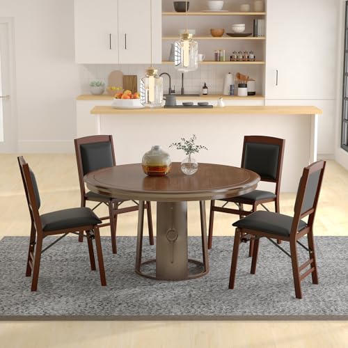 Image of COSTWAY Folding Dining Chairs Set of 4, Wooden Kitchen Side Chairs w /Padded Seat, Solid Wood Frame, 400 LBS Load Bearing, No Assembly Needed, Vintage Foldable Chairs for Dining Living Room, Brown