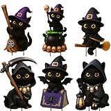 Giggleye Halloween Gartendeko Schwarze Katzen 6er Set – Gruselige Deko Figuren mit Hexenhut, Besen & Zauberbuch – Wetterfest & stabil mit Ständern – Für Garten, Terrasse, Rasen & Outdoor Halloween