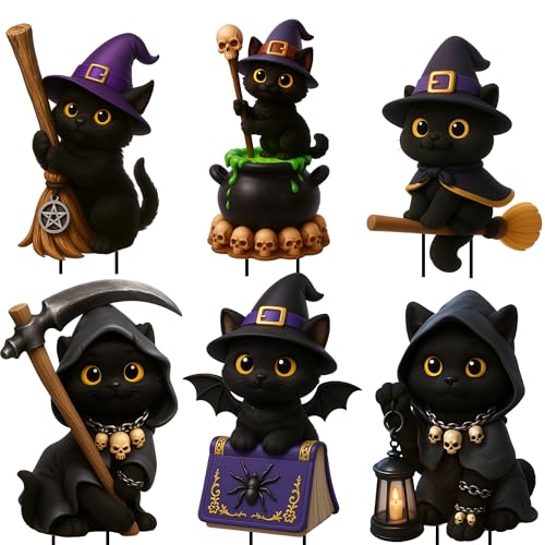 Giggleye Halloween Gartendeko Schwarze Katzen 6er Set – Gruselige Deko Figuren mit Hexenhut, Besen & Zauberbuch – Wetterfest & stabil mit Ständern – Für Garten, Terrasse, Rasen & Outdoor Halloween