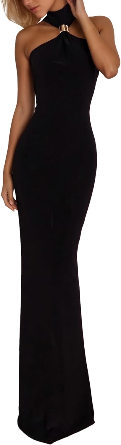 Women’s Party Maxi Dress Metal Knots Off Shoulder Turtleneck Sleeveless Night Club Evening Bodycon Dress - Image 3