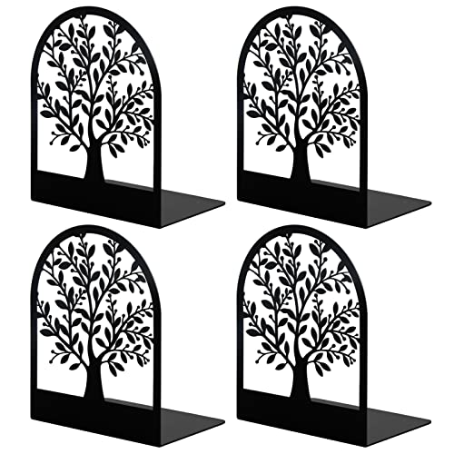 Bookends, Book Ends, Metal Bookend, Tree of Life bookend, Bookends for Shelves, Home Decorative Bookends for Heavy Books, Black Non-Skid Book Stopper, 7.1 x 5.5 x 3.6 in (2 Pair/ 4 Pcs, Large)