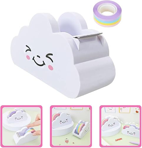 Miniatura 3 de Cinta adhesiva, 1 juego de dispensador creativo de cinta de nube con cinta adhesiva de arco iris, dispensador de cinta en forma de nube, cortador de