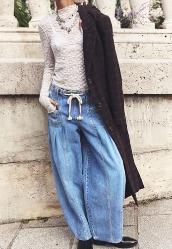 loveimgs Women Oversized Baggy Barrel Jeans Elastic Waist Y2k Low Rise Jeans Drawstring Wide Leg Denim Pants Cargo Boyfriend3