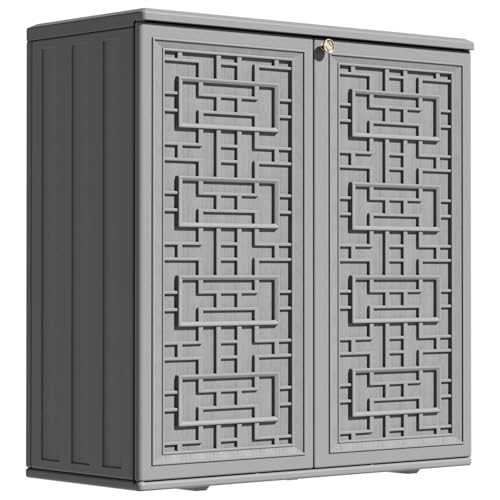 Image of ZZM HDPE Outdoor Storage Shed, Outdoor Plastic Storage Cabinet, Horizontal Resin Tool Shed for Garden, All Weather Outdoor Storage Clearance, DIY Usage, with one Shelf (Gray)
