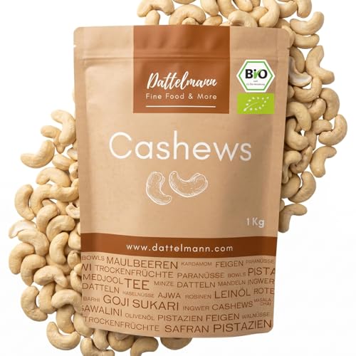 DATTELMANN - Bio Cashewkerne 1KG - Ganze Cashewnüsse - Roh & Unbehandelt - Premium Nüsse