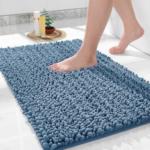 Yimobra Bathroom Rugs Non Slip Washable 32x20 Inch - Ultra Soft Absorbent Chenille Bath Mat, Quick Dry Shaggy Floor Carpet for Tub Shower, Denim Blue Home Decor Accessories