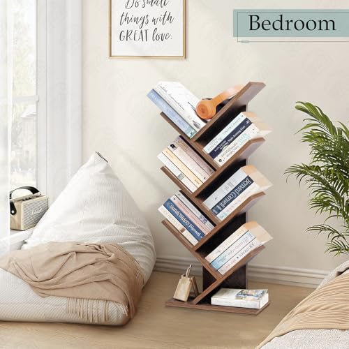 Image of ABOUT SPACE Book Shelf for Home - 7 Tier Tree Shaped Book Rack for Study Room DIY Wooden Book Stand with Bottom Storage Space for Office, Livingroom, Bedroom (Brown - L 35 x B 17 x H 90 cm)