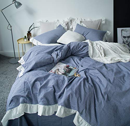 Susybao Denim Ruffle Duvet Cover Queen 100% Washed Cotton Blue Striped Duvet Cover 3 Pieces Set 1 White Lace Vintage Duvet Cover With Zipper Ties 2 Pillo Shams Farmhouse Denim Blue Bedding Set #TOP2