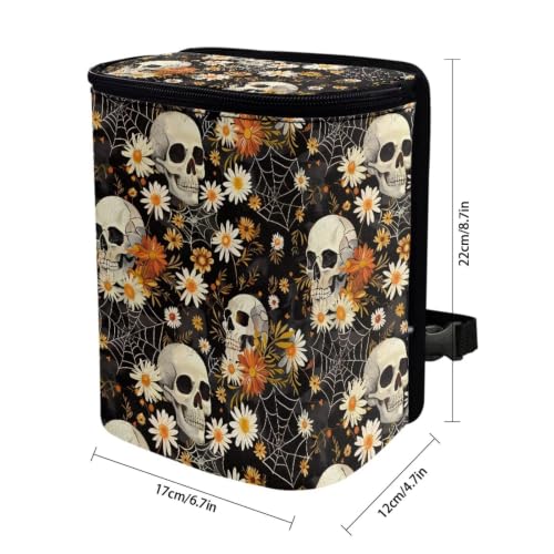 Image of Daisy Skeleton Skull Print Car Trash Can with Lid Proof Organizer and Storage Bag Car Garbage Can with Adjustable Straps for Cars Truck,SUV