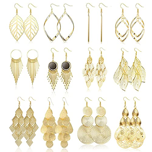 LOCCY 12 Pares de Pendientes Colgantes para Mujeres Chica Aleación Boho Pendientes Colgantes Juego Hipoalergénico Pendientes Gota de Agua Hoja Diamante Borla Pendientes, Plata/Oro (Oro)