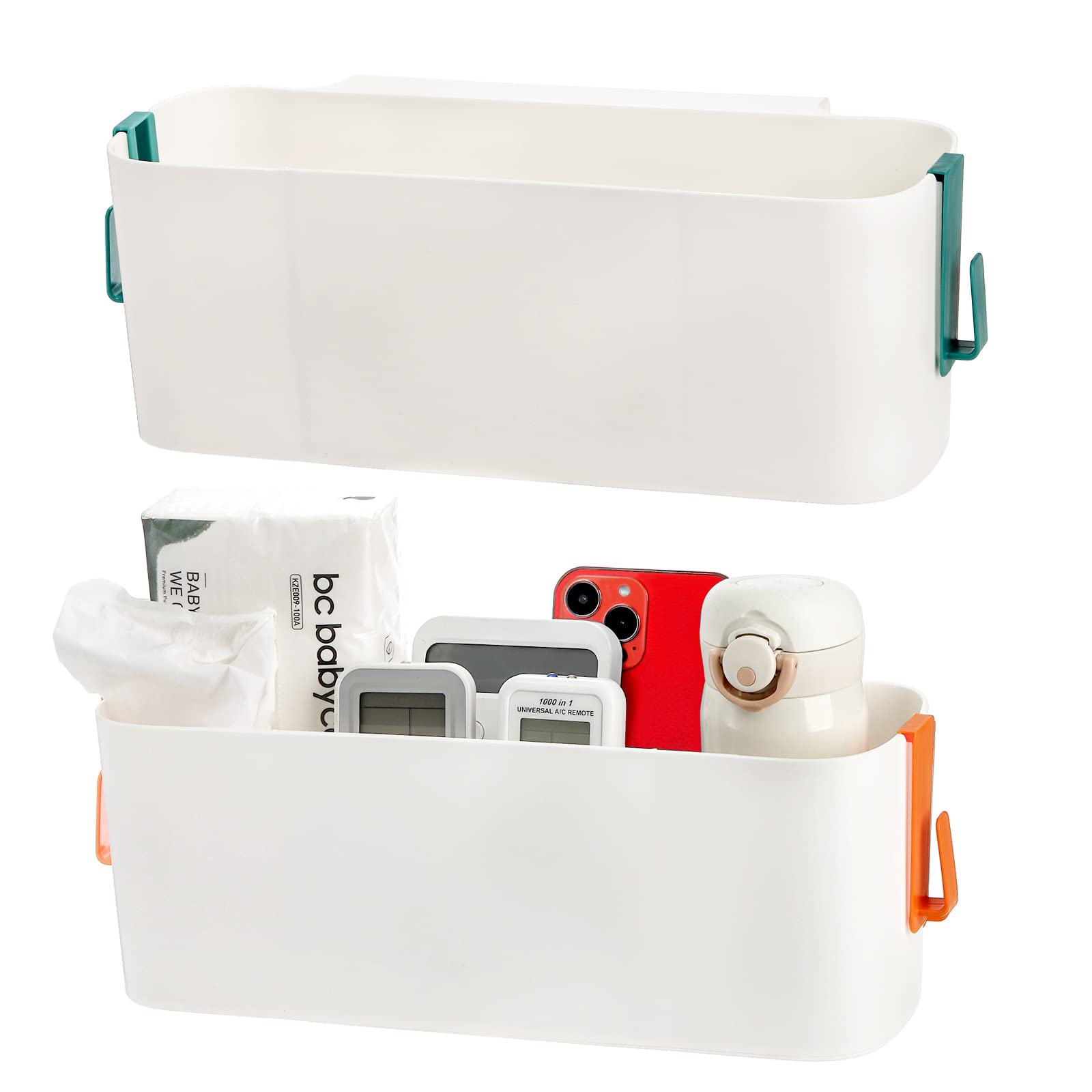 Yopay 2 Pack Bedside Caddy Organizer, Plastic Bunk Bed Shelf, Dorm Bedside Holder, Multi Storage Pocket Holder for Kids Loft Bed Rail Rv Bathroom College with Hook