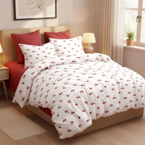 Image of Nayoroom Red Cherry Duvet Cover Queen Size Cute Bow Duvet Cover 3 Pieces Soft Lightweight Microfiber Girls Aesthetic Dorm Bedding Set with Zipper Closure