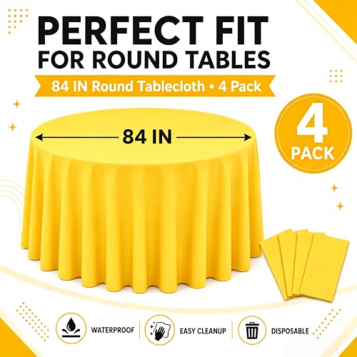 Image of WNINK 4 Pack Yellow Round Tablecloth, 84 Inch Disposable Plastic Table Covers, Yellow Round Table Cover for Birthday Parties, Holiday, Picnic, BBQ, Family Gathering Party Supplies