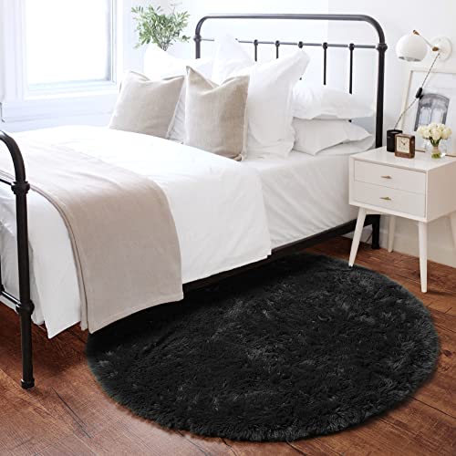 Onasar Soft Round Area Rug For Bedroom,4 Ft Black Circle Rug For Nursery Room, Fluffy Carpet For Kids Room, Shaggy Floor Mat For Living Room, Furry Area Rug For Baby, Teen Room Decor For Girls Boys #TOP2