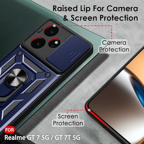 Image of TheGiftKart Tough Armor Bumper Back Cover Case for Realme GT 7 5G / GT 7T 5G / GT 7 Dream Edition | Sliding Camera Cover, Kickstand & Ring Holder | 360 Protection Back Cover Case (PC & TPU, Blue)