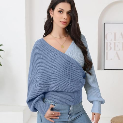 Image of Women's Wrap V Neck Knit Sweaters Batwing Long Sleeve Cross Front Drop Shoulder Fall Pullover Tops