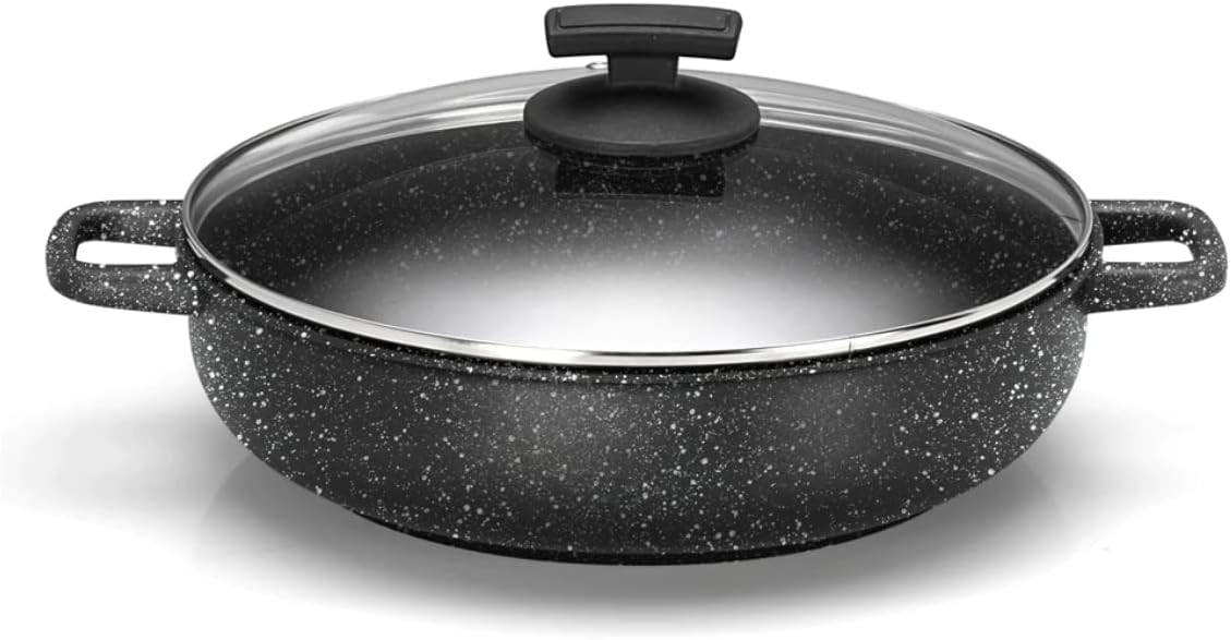Olympia Hard Cook 9.4 Inch Die Cast Aluminum Deep Pan With 2 Side Handles and Glass Lid