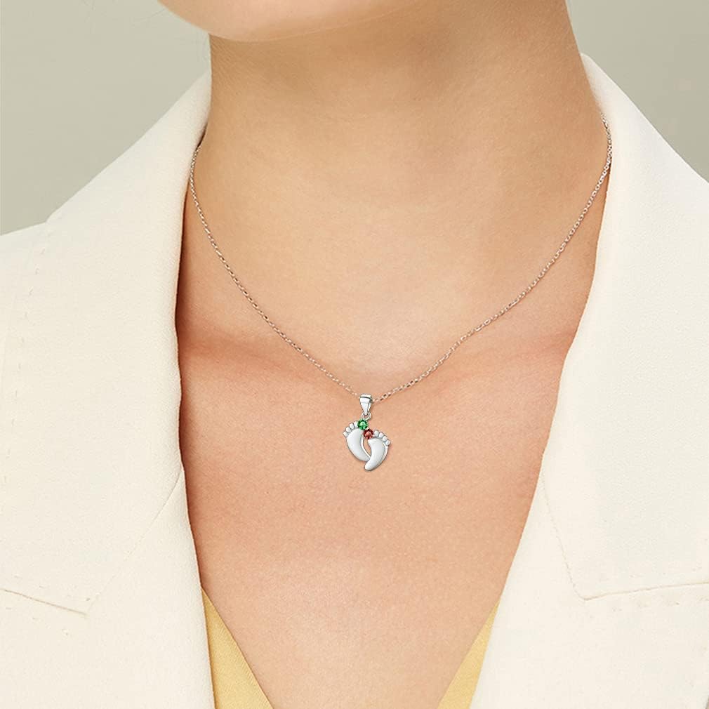 Custom4U Personalized Mom Neckalce with 1/2/3/4/5 Names Birthstones Custom Footprint Feet Pendant Cutomized Memorial Mother Jewelry Engraved Gifts for Mom Women (Gift Box)