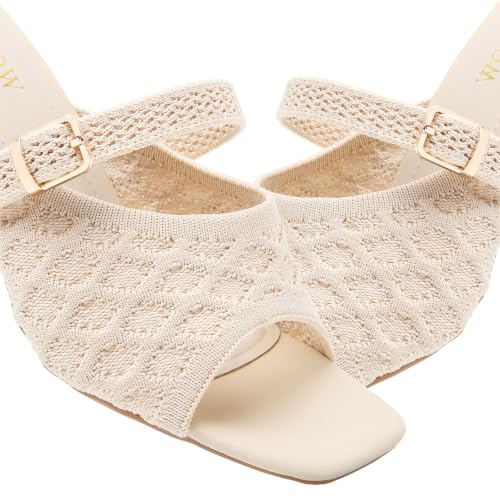 Image of Tilocow Knit Heeled Sandals for Women Square Open Toe Heeled Mules Chunky Block Low Heel Slip On Slides