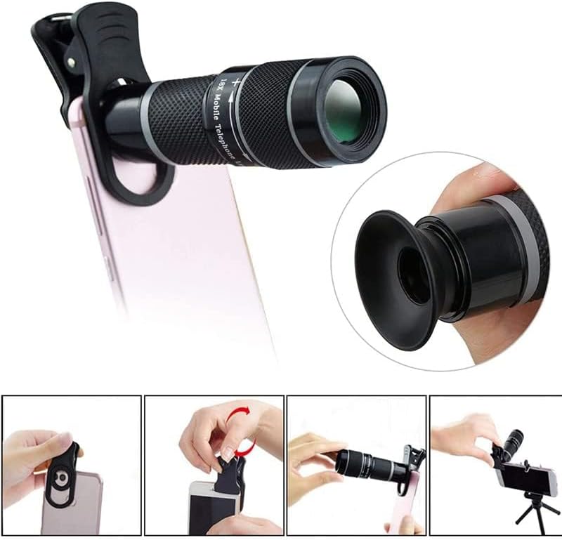 Daily Use 18x Zoom Wide Angle HD Telephoto Phone Camera Lens for Mobile - No Black Corner Universal Optical Zoom ? with Clip and Tripod.