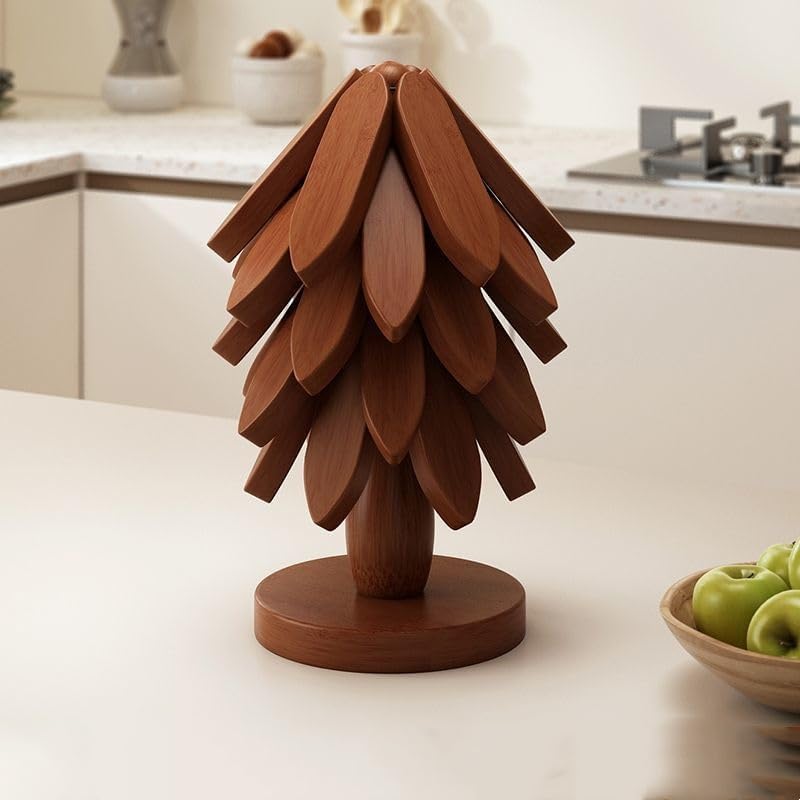 Christmas Tree Design Stand Wooden Trivets Decorative 5 + 1 Stand stored Anti Scald Heat Resistant Table Mat Coaster Wood Placemats Pot (Brown)
