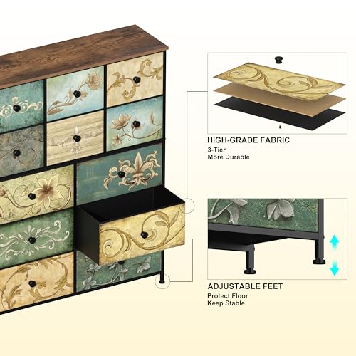 Tohomeor Dresser with Drawers for Bedroom Chest of Drawers Fabric Dresser for Closet,Nursery Entryway Hall Tree TV Stand for Living Room Retro Floral Pattern Drawers Wooden Top (12 Drawers)