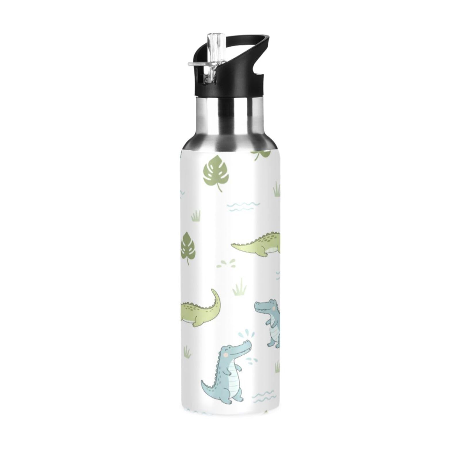 BOESI Cute Crocodile Pattern Insulated Water Bottle 600ml, Stainless Steel Vacuum Sports Bottle with Straw, Leak Proof Thermal Bottle for Gym Travel Outdoor