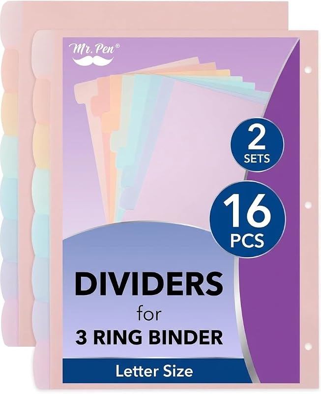 Large Write & Erase Tabs Dividers for 3 Ring Binder, 2 Sets | 8 pcs/Set, 16 pcs, Aesthetic Pastels Binder Divider, Durable Plastic Dividers for 3 Ring Binder for Office, School Supplies