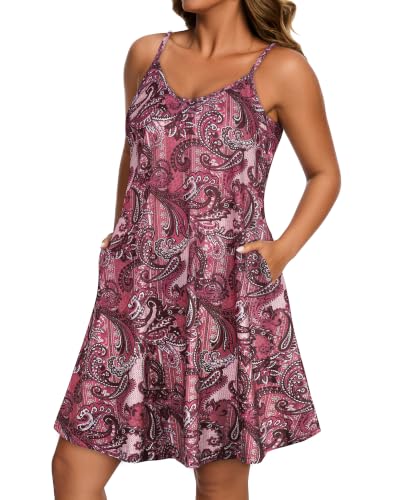 Image of Womens Spaghetti Strap Dress Summer Dresses Beach Pocket Casual Sundresses | 2026 Adjustable Spaghetti Straps Casual Beach Dress,Boho Sundress with Pockets ,Fashion V Neck Outfits,Beach Cover Ups