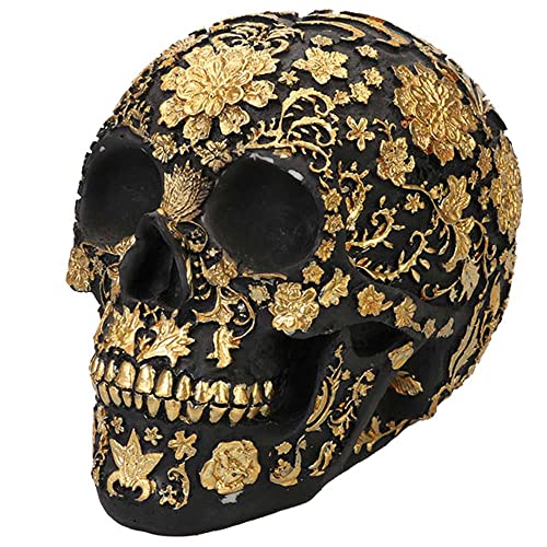 Cuzokola Large Gold Skull Decor For Home Piggy Bank-Halloween Skull Head Decoration With 8.1' Floral Head Sculpture Fake Skull Mold Statue Money Saver Box For Kids Boys Adults With Flower And Opening #TOP4