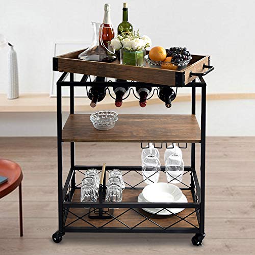 NSdirect Home Bar Cart,Rustic Bar Cabinet Kitchen Island&Serving Cart Rolling Storage Cart with 3-Tier Shelves,Metal Wine Rack Storage and Glass Bottle Holder,Removable Wood Top Box Container(Brown)