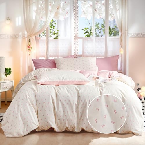 Freyamy Housse de Couette en Coton 220x240+2 Taie d'oreiller 65x65cm Beige Rose Nœud Papillon...