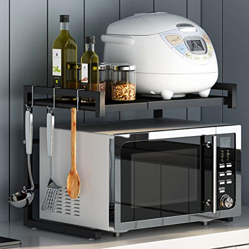 PUSDON Adjustable Carbon Steel Microwave Oven Rack, 2-Tier with 3 Hooks, 55lbs Weight Capacity, Black PUSDON Adjustable Carbon Steel Microwave Oven Rack, 2-Tier with 3 Hooks, 55lbs Weight Capacity, Black