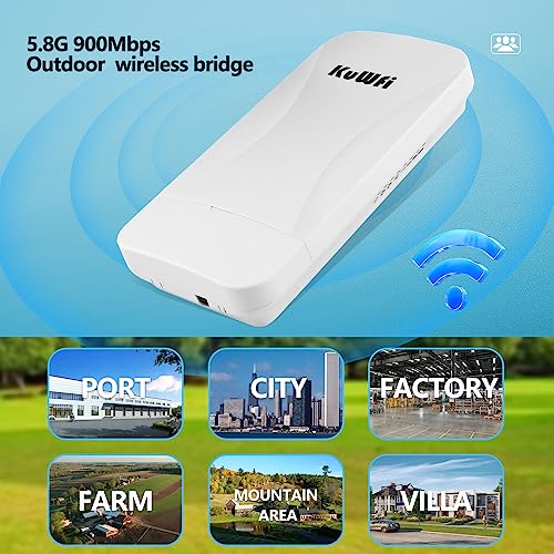 Image of KuWFi 5.8G Wireless Bridge, Point to Point Gigabit, 900Mbps, 3KM Range | 1Gbs LAN Ports Long Range CPE Bridge Network Extend Outdoor 1.86Miles to of Shop, Barn,Farm and CCTV Connection