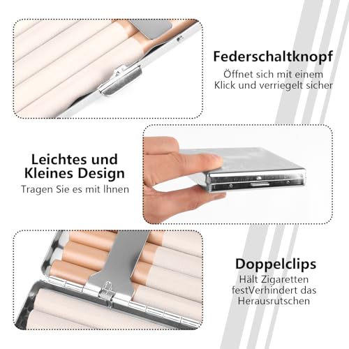 Deepton 2 Stück Zigarettenetui Metall, Aluminium Zigarettenetui, Tragbares Zigarettenbox, Zigarettenetui mit Schnappverschluss, Zigarettenschachtel, 20 Zigaretten, Silber